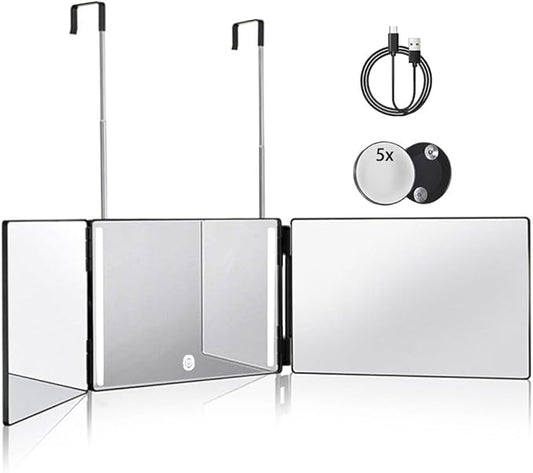 HIEEY 3 Way Mirror for Hair Cutting with LED,360 Trifold with Height Adjustable Telescoping Hooks,and 5X Magnification,for Makeup and Styling (Black)