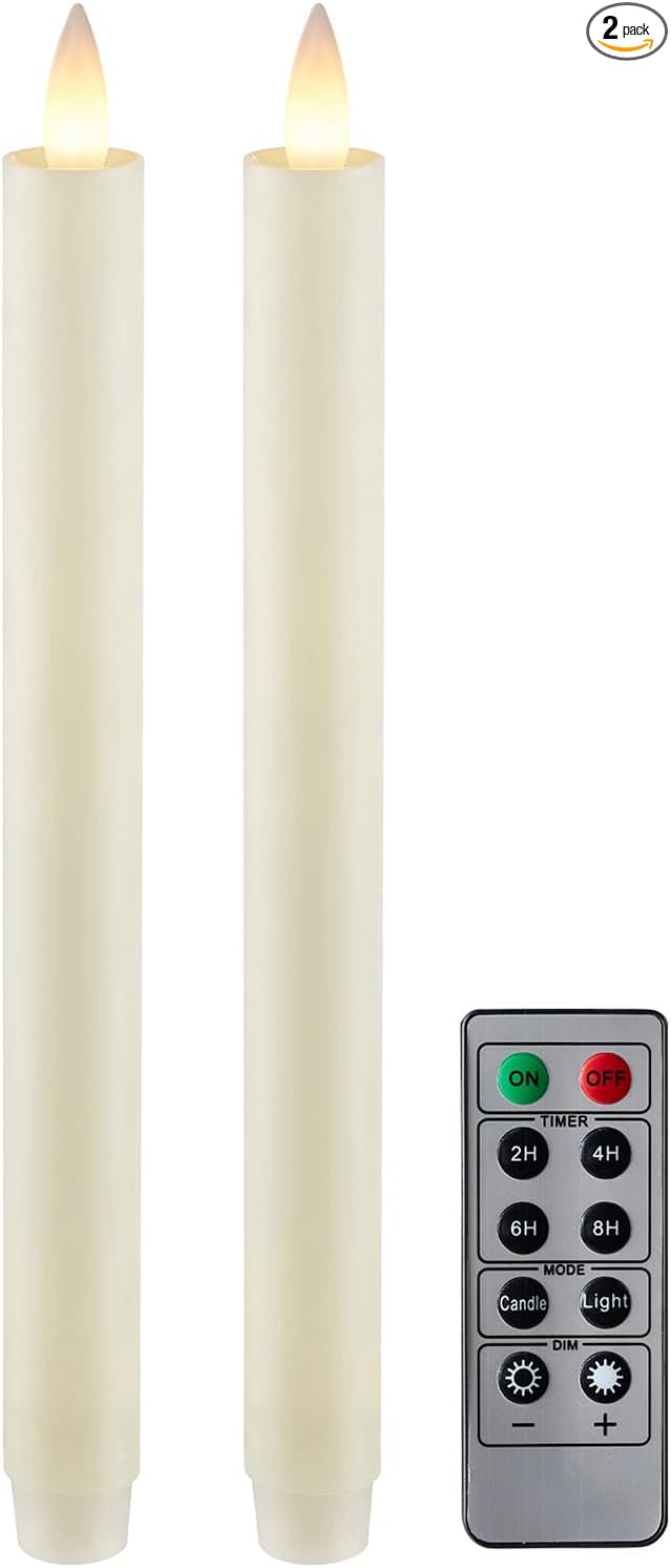 Flameless Taper Candles Flickering with Remote and Timer, 3D Moving Flame Taper Candle Battery Operated to 400 Hours, 9 Inch Window Candles, (Ivory)