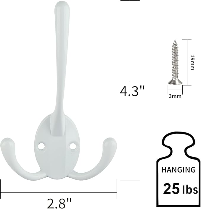 IBosins 6 Pack Big Heavy Duty Three Prongs Coat Hooks Wall Mounted with 12 Screws Retro Double Utility Rustic Hooks for Thick Coat, Big Heavy Bags (White)