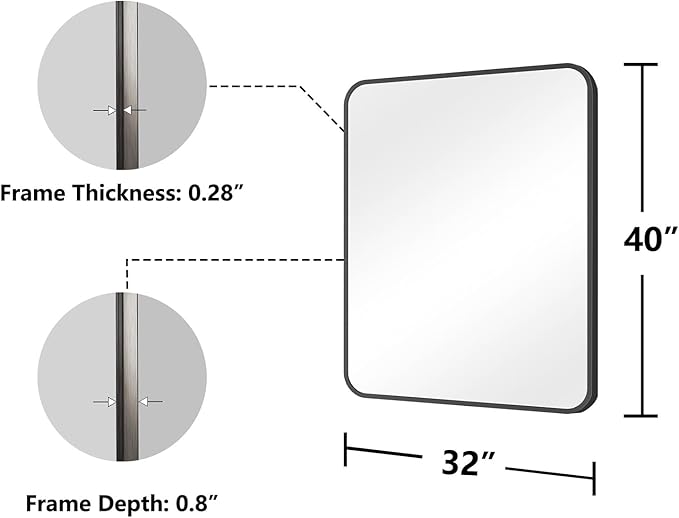 Koonmi Bathroom Mirror, 32X40 Brushed Black Metal Framed Wall-Mounted Mirror for Over Sink, HD Tempered Glass, Anti-Rust, Rounded Rectangle Mirror for Restroom, Bedroom, Hangs Horizontal or Vertical