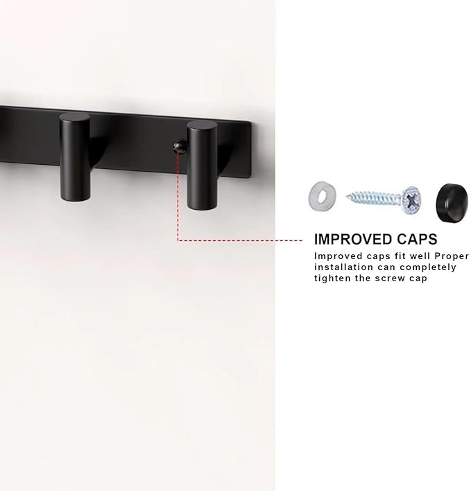 PMMASTO Coat Rack Wall Mounted, 5 "T Shaped Wall Hooks for Hanging, Heavy Duty Stainless Steel Coat Hook Rail for Hat Towel Robes in Bathroom Kitchen Mudroom Entryway (Black, 1 Pack)