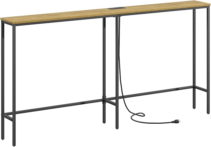 63 Inch Console Table with Power Outlet,Modern Narrow Long Sofa Table Behind Couch,Skinny Entry Table with Black Metal Frame for Entryway,Living Room, Hallway,3D Oak