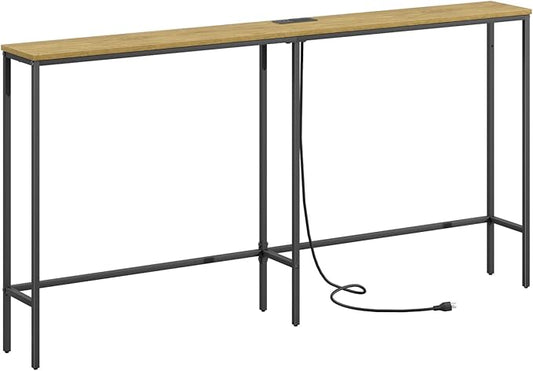 63 Inch Console Table with Power Outlet,Modern Narrow Long Sofa Table Behind Couch,Skinny Entry Table with Black Metal Frame for Entryway,Living Room, Hallway,3D Oak