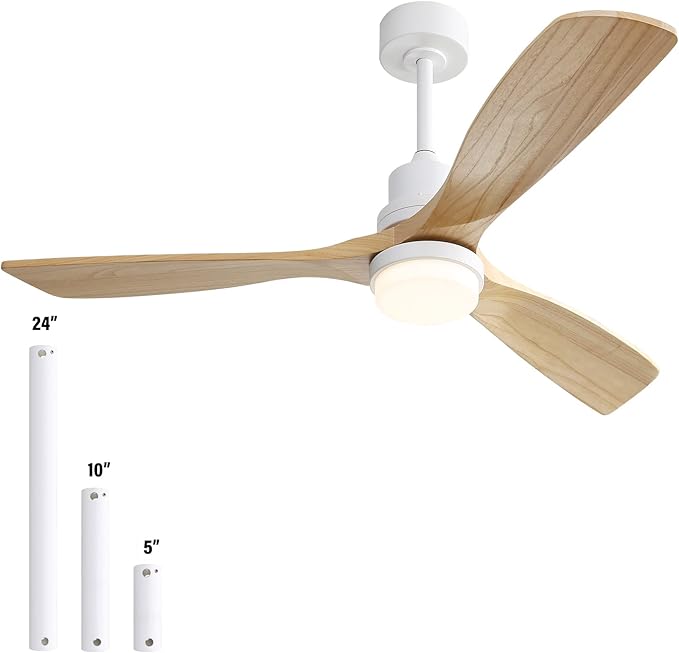 Sofucor Ceiling Fan with Lights, 52 Inch Modern Wood White Ceiling Fan with Remote for Indoor Farmhouse Bedroom Living Room Outdoor Patio Porch, Reversible DC Motor, 3 Blades, Noiseless