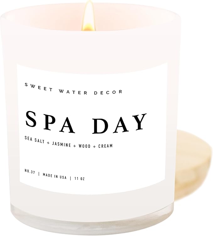Sweet Water Decor Spa Day Candle - Spa Scented Soy Wax Candle for Home - Sea Salt, Jasmine, Wood, and Cream - 11oz Jar Candle with Wood Lid, 50+ Hour Burn Time, Made in The USA