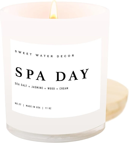 Sweet Water Decor Spa Day Candle - Spa Scented Soy Wax Candle for Home - Sea Salt, Jasmine, Wood, and Cream - 11oz Jar Candle with Wood Lid, 50+ Hour Burn Time, Made in The USA