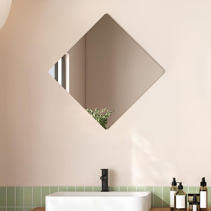 Cabilock 4 Pack Acrylic Mirror Tiles 16X16 Inch Self Adhesive Full Length Wall Mirrors with Rounded Corners Shatterproof Stick on Sheets for Bathroom Home Decor
