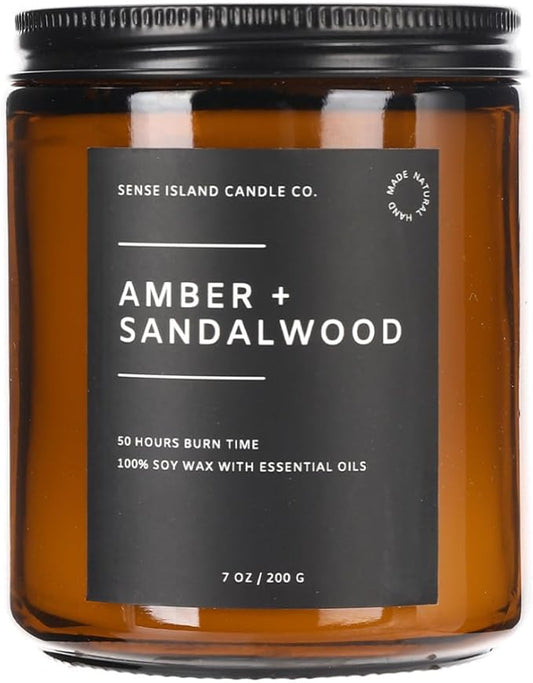 SENSE ISLAND Amber Sandalwood Scented Candles for Men&Women | Natural Soy Candle 7oz, up to 50 Hrs Burn Time Upgraded Formula for Authentic Sandalwood Aroma