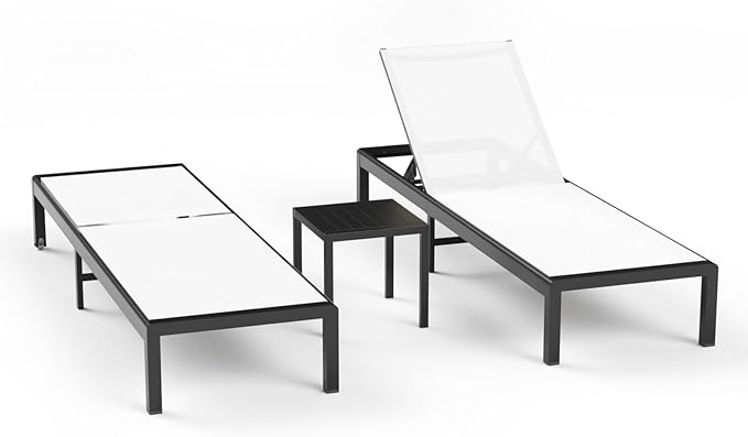 Aluminum Lounge Chairs Outdoor Chaise Furniture,2 Sets Patio Metal Deck Lounger Adjustable 5-Position Poolside Chase Recliner with Wheels for Beach,Coffee Table, (White, 2 Chairs + Table)