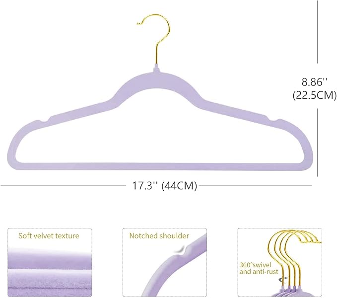 ManGotree Velvet Coat Hangers with 360° Swivel Gold Hook, Non-Slip Felt Suit Hangers, Ultra-Thin Space Saving Clothes Hanger for Jacket, Sweater, Shirt, Dress, Pants (22 Pack, Purple)