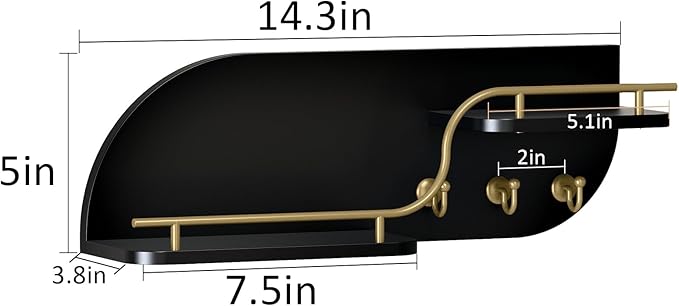 Key Holder for Wall, Decorative Key and Mail Organizer with 3 Metal Hooks and 2 Shelves, Wood Wall Mounted Key Rack for Entryway, Black