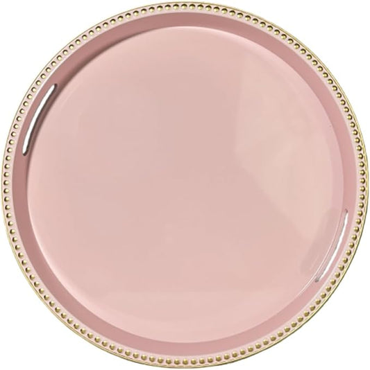 Pink Decorative Tray for Coffee Table, Round Beaded Plastic Serving Tray forKitchen Counter, Ottoman, Living Room,(13")
