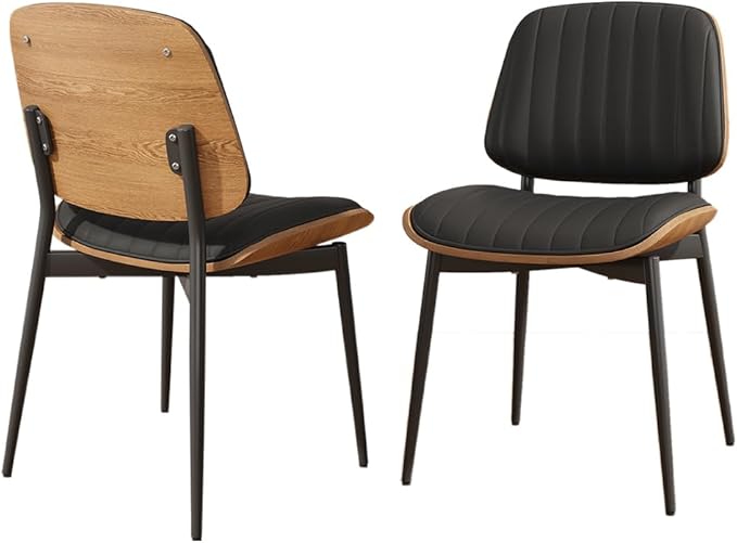 Dining Chairs Set of 2, Mid-Century Modern Upholstered PU Leather Chairs with Walnut Bentwood Back and Metal Legs for Kitchen Dining Living Room, Black Vertical Stripes