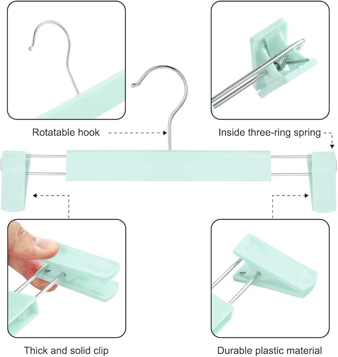 Clothes Pants Hangers, Space-Saving Skirt Holders with 360 ° Swivel Hooks, Adjustable Clips, Trouser Hangers, Clothes Coat Garment Jeans Hangers (20 Pack, Green)