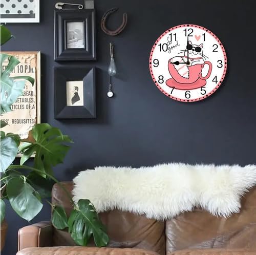 Wall Clock,Cat Sleeping in A Coffee Cup Kitchen Decor and Accessories, Decorative Battery Operated Clocks for Living Room Bedroom Bathroom Farmhouse 12 Inch