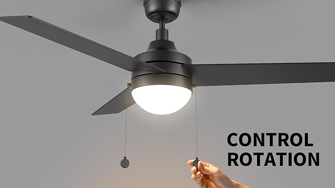 CEME 52" Ceiling Fan with Light Low Profile, DC 5 Speeds Silent Ceiling Fan with Remote, 3 Dual Finish Blades, 3 Light Colors Dimmable LED for Bedroom Room, Black