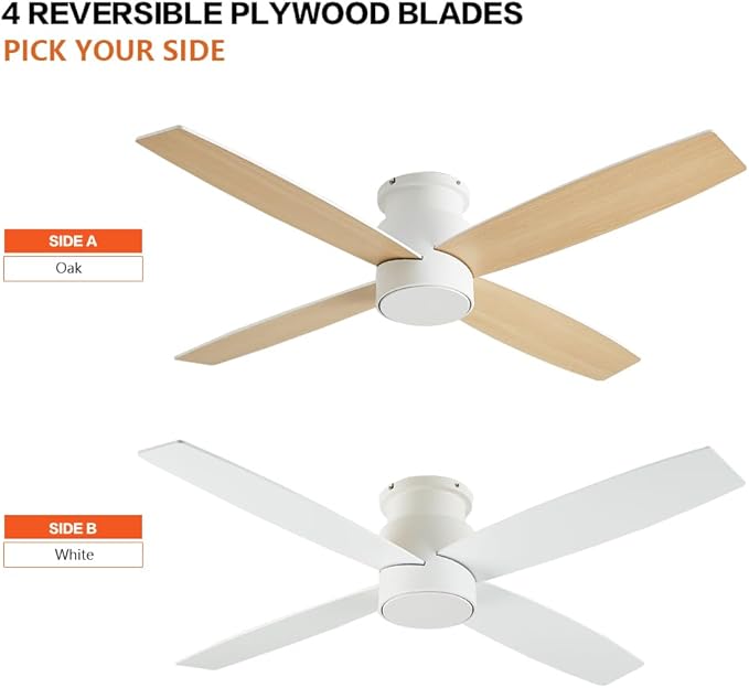 WINGBO 52" Flush Mount DC Ceiling Fan without Lights, 4 Reversible Blades, Ultra Quiet 6-Speed DC Motor, Hugger Low Profile Indoor Ceiling Fan No Lights, White Finish