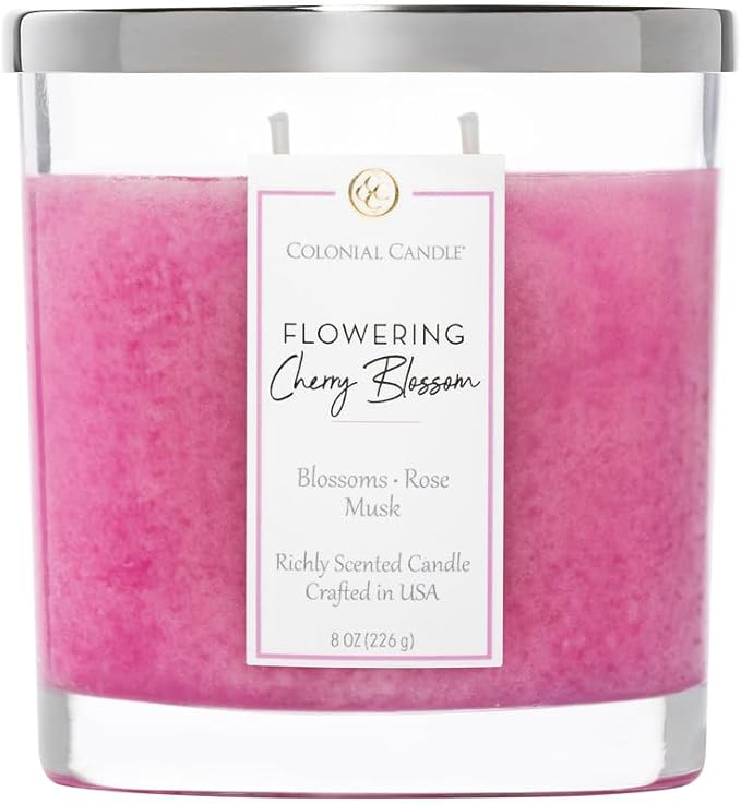 Colonial Candle Flowering Cherry Blossom Scented Candle Jar, Highly Fragranced Candles for Home Scented, Mottled Wax Candle, 2 Wick, 8 oz - Made in The USA