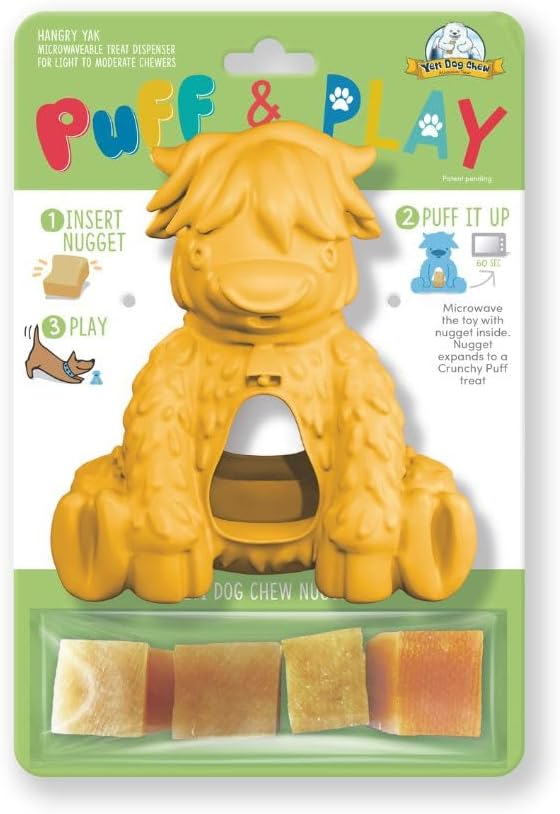 Yeti Puff and Play Dog Toy, Dog Chew Holder, Fun Stimulating Chew Toy for Teething, Behavior Training for Light to Moderate Chewers (Yellow - Yak)