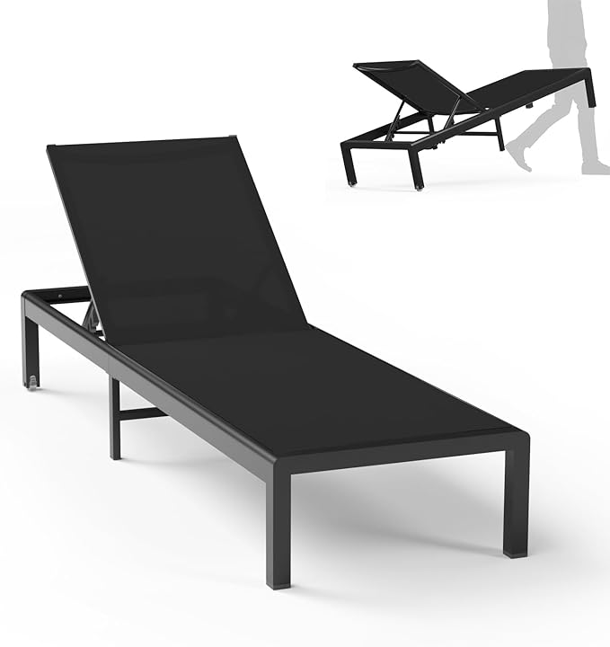 Aluminum Lounge Chairs Outdoor Chaise Furniture,2 Sets Patio Metal Deck Lounger Adjustable 5-Position Poolside Chase Recliner with Wheels for Beach,Coffee Table, (Black, 1 Chair)