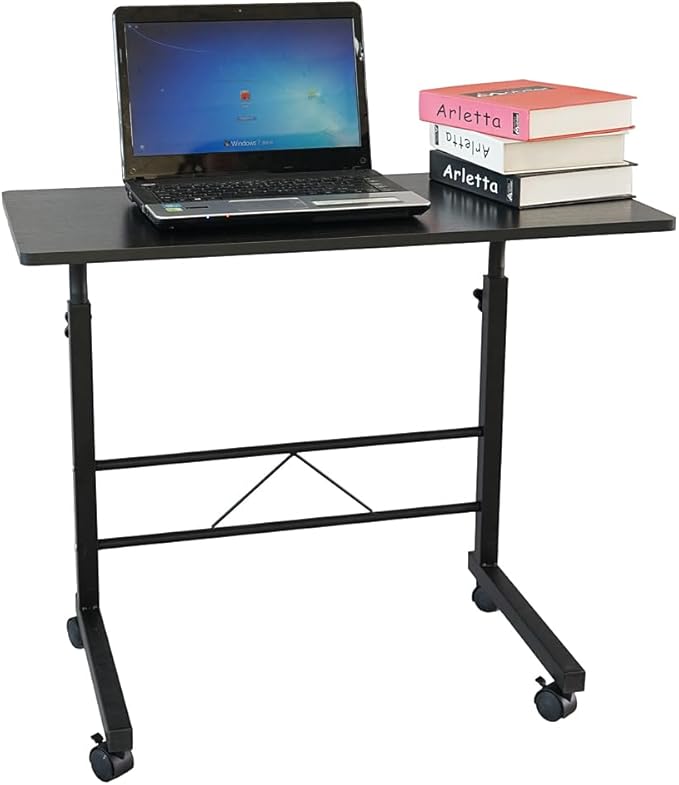 Goujxcy Sofa Side Table C Shaped End Table with Wheels, Black Rolling Bedside Laptop Table Snack Table TV Tray, Height Adjustable, Wooden Top & Metal Frame