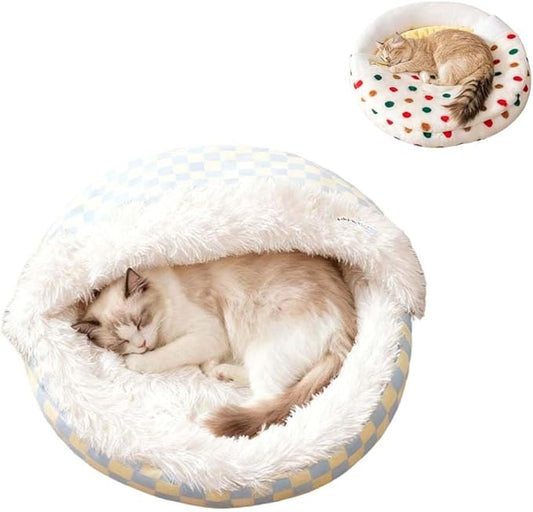 Plush Cat Bed for Indoor Cats，Calming Cozy Cave with Self-Warming，Cat Cave Pet Sleeping Bag for Puppy and Kitty，Shell Shaped Washable Pet Bed for Small Cats & Dogs (Blue,S-19 x 19 x 4 in)
