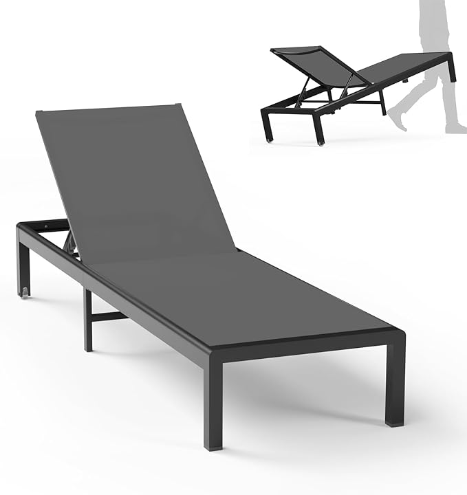Aluminum Lounge Chairs Outdoor Chaise Furniture,2 Sets Patio Metal Deck Lounger Adjustable 5-Position Poolside Chase Recliner with Wheels for Beach,Coffee Table, (Gray, 1 Chair)