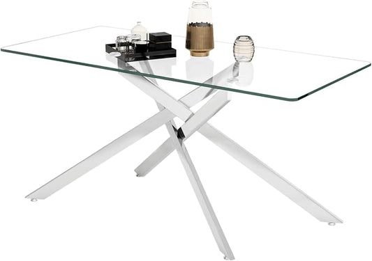 60" Glass Dining Table Modern Kitchen Table for 4-6 People, Contemporary Rectangular Dining Room Dinner Tables with Clear Glass Top & Silver Metal X Legs for Kitchen Apartment