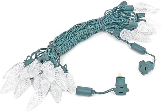 Novelty Lights 25 Feet 25 Light C9 Diamond Faceted LED String Lights, Pure White, Pre-Lamped Holiday Lights on Green Wire, UL Listed Indoor/Outdoor, Connectable End-to-End