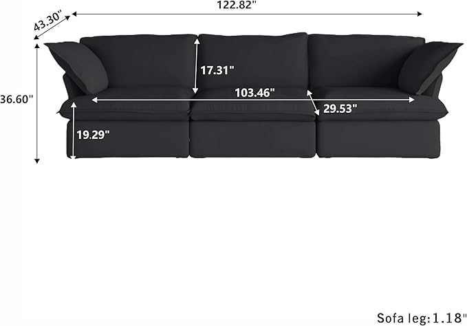 WJShome 122.82" Cloud Modular Sectional Sofa, Modern Comfy Couch Filled with Down, Minimalist Wide Deep Seat Couches for Living Room Apartment Lounge Bedroom (Black, 3 Seater)