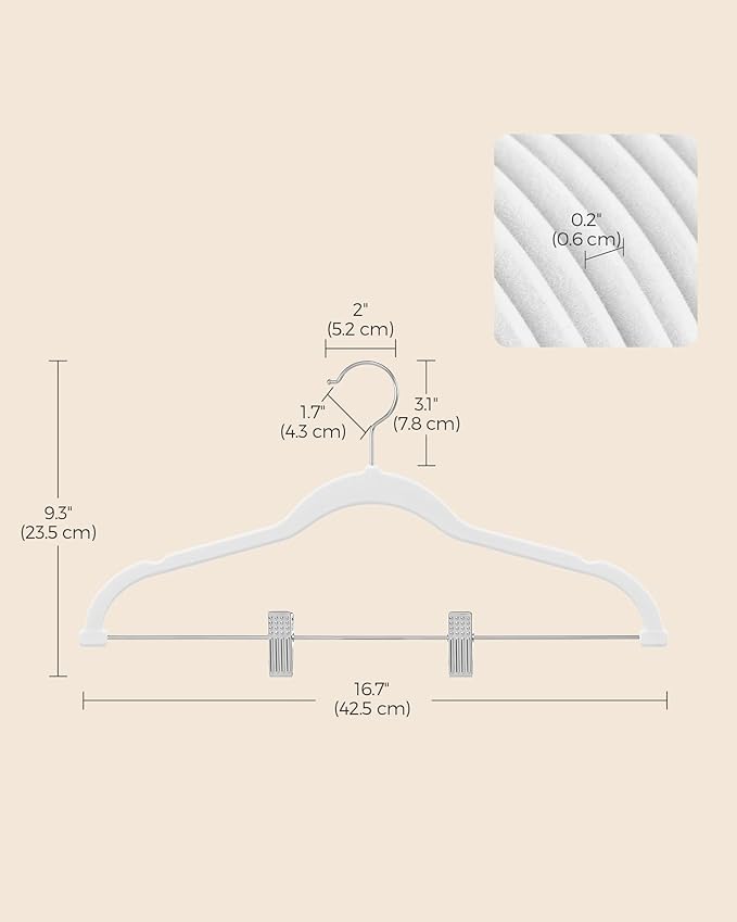 SONGMICS 50-Pack Pants Hangers, 16.7-Inch Long Velvet Hangers with Adjustable Clips, Heavy-Duty, Non-Slip Skirt Hangers, Space-Saving for Pants, Skirts, Coats, Dresses, White UCRF012W50