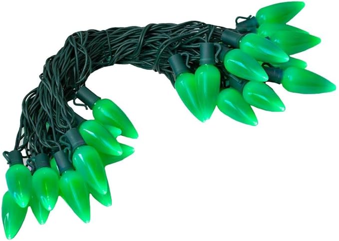 Novelty Lights 25 Feet 25 Light C9 Ceramic Style LED String Lights, Green, Pre-Lamped Holiday Lights on Green Wire, UL Listed Indoor/Outdoor, Connectable End-to-End