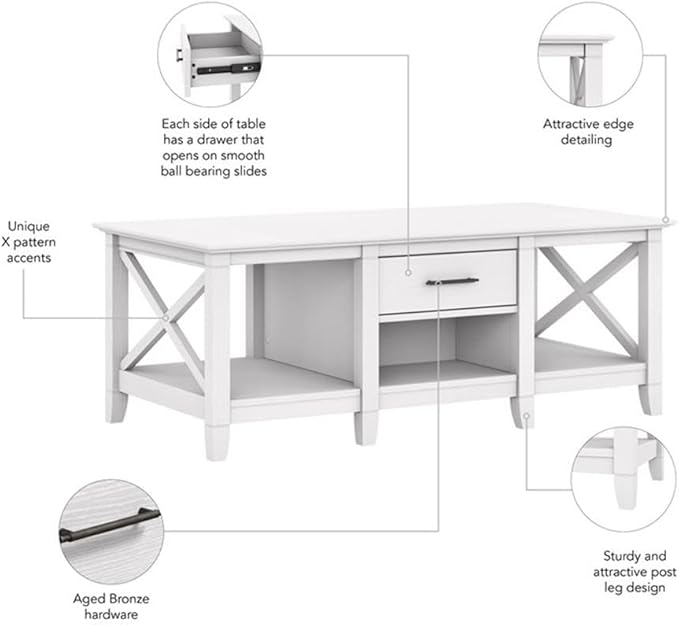 Bush Furniture Coffee Table with Storage with Aged Bronze Hardware | Key West Collection Center Counter for Living Room | 47Wx24Dx18H