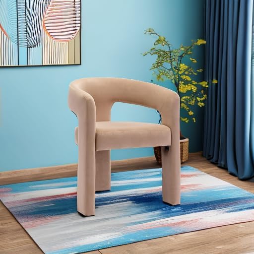 Modern Barrel Dining Chair, Velvet Upholstered Accent Side Chair with Arms Comfy Makeup Vanity Chair, Dining Living Room Kitchen Chair, Khaki