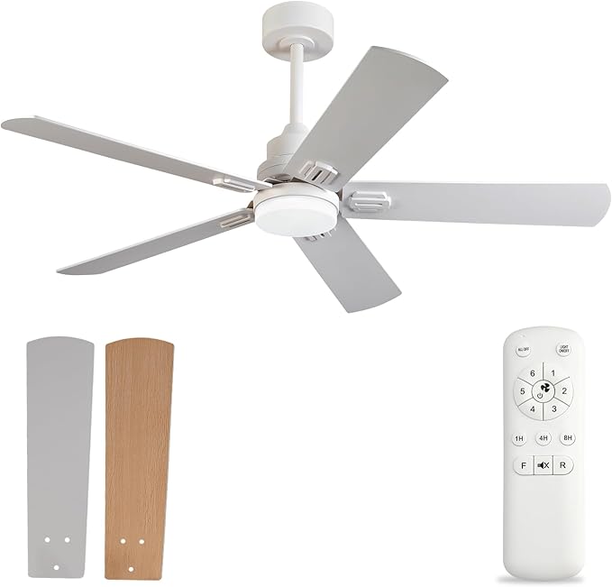 BOOMJOY Ceiling Fan, 52 Inch Modern White with LED Light, Indoor/Outdoor, Quiet Reversible DC Motor, 5 Blades, Remote Control, Suitable for Living Room, Patio, Bedroom