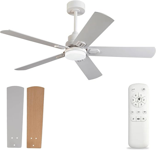 BOOMJOY Ceiling Fan, 52 Inch Modern White with LED Light, Indoor/Outdoor, Quiet Reversible DC Motor, 5 Blades, Remote Control, Suitable for Living Room, Patio, Bedroom