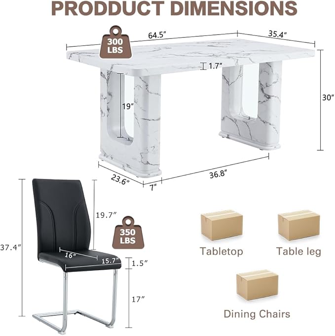 64.5" White Dining Table Set for 6, Modern Kitchen Table and Chairs Set with PU Leather Cushioned Chairs & Decorative Pedestal Base, 7 Piece Marble Pattern Dining Table Set for Dining Room or Kitchen