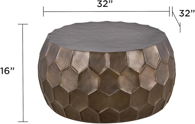 Modern Contemporary Round Aluminum Material 32" Coffee Table and 21" Height Table 2PC Table Set with Glossy Diamond-Patterned Base Antique Gold