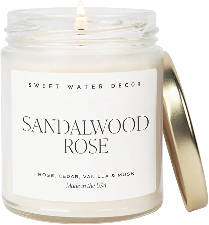Sweet Water Decor Sandalwood Rose Candle - Green, Leafy, Winey, Rose and Guaiac Wood Scented Soy Floral Candles for Home - 9oz Clear Jar + Gold Lid, 40+ Hour Burn Time, Made in The USA