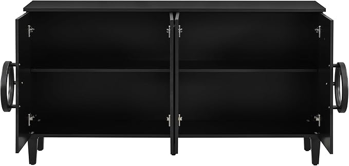 Modern Retro Sideboard Storage Cabinet with 4 Doors and Round Ring Handle, Wood 59'' Accent Entryway Console Table for Living Rooms Entrance Dining Room (Black-FI)