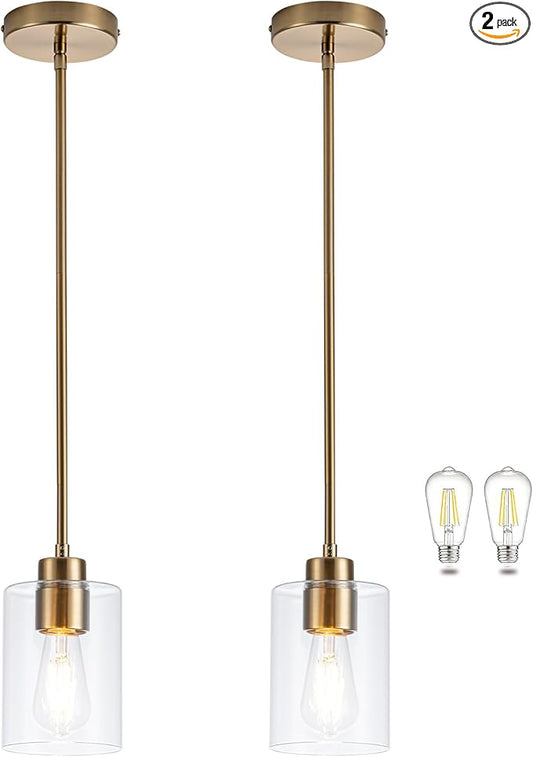 MAYNA 2-Pack Brushed Brass Pendant Lights, Elegant Glass Hanging Lighting with Bulbs, Adjustable Rods Modern Fixtures for Kitchen Island, Breakfast Bar