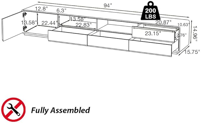 POVISON Fully-Assembled Mid Century Modern TV Stand with LED Lights, Wood Media Console with 4 Drawers for 85+ inch TV, Entertainment Center with Open Storage Cabinet