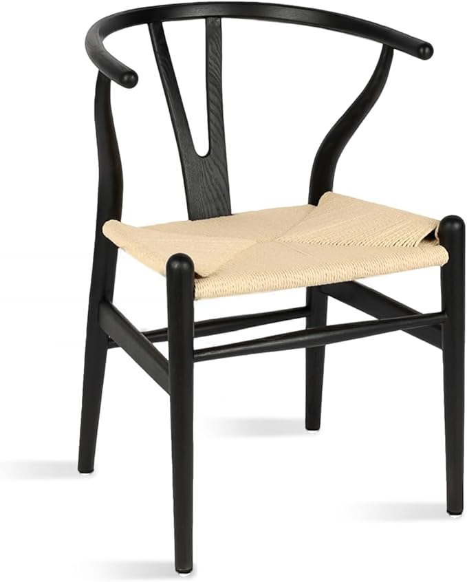 Tomile Solid Wood Wishbone Chair Y Chair Mid-Century Armrest Dining Chair, Hemp Seat (Ash-Black Frame + Natural Cord)