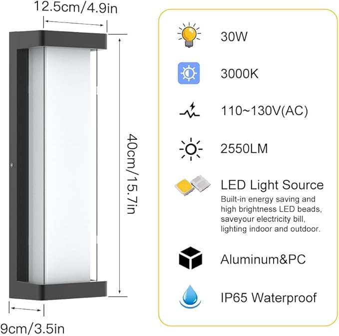 10%-100% Dimming Modern Outdoor Wall Light 2Packs, 16in 3000K LED Dimmable Porch & Patio Wall Light Fixture,Black Aluminum&Dual PC Wall Lights for Garage Living Room Courtyard House(2Packs 3000K)