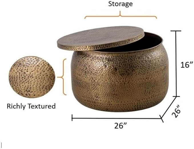 Albany Living Modern Round Aluminum Hammered Embossed Texturing, Metal Drum Coffee Table with Removable Lid for Storage,Fully Assembled, for The Living Room and Bedroom, Brass
