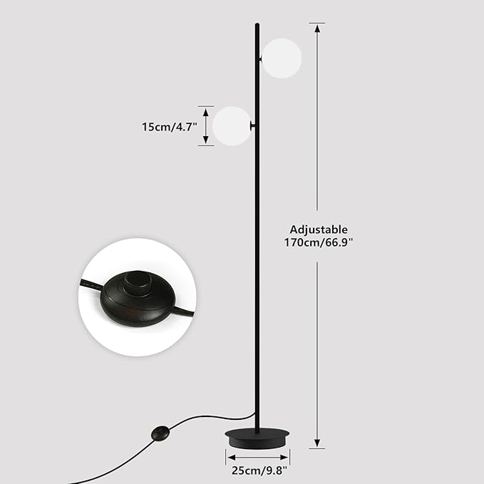 Black Floor Lamp 2-Light Modern White Frosted Glass Freestanding Lamp Mid Century Globe Floor Lamps for Vintage Standing Pole Lamp for Bedroom Living Room Hotel