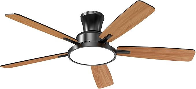 TALOYA Ceiling Fans with Lights and Remote, 52 inch Low Profile Ceiling Fan with Nightlight, Flush Mount, Reversible, 3CCT, Dimmable Black Modern Ceiling Fan for Bedroom, Living Room, Outdoor Patio