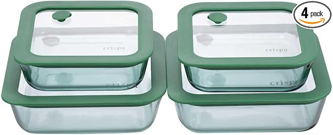 Crispa Teal Glass Food Storage Containers with Silicone Lids, 100% Plastic-Free, Leakproof Airtight, Microwave/Freezer Storage Containers/Glass Meal Prep Containers 4-Pack 21oz & 37oz