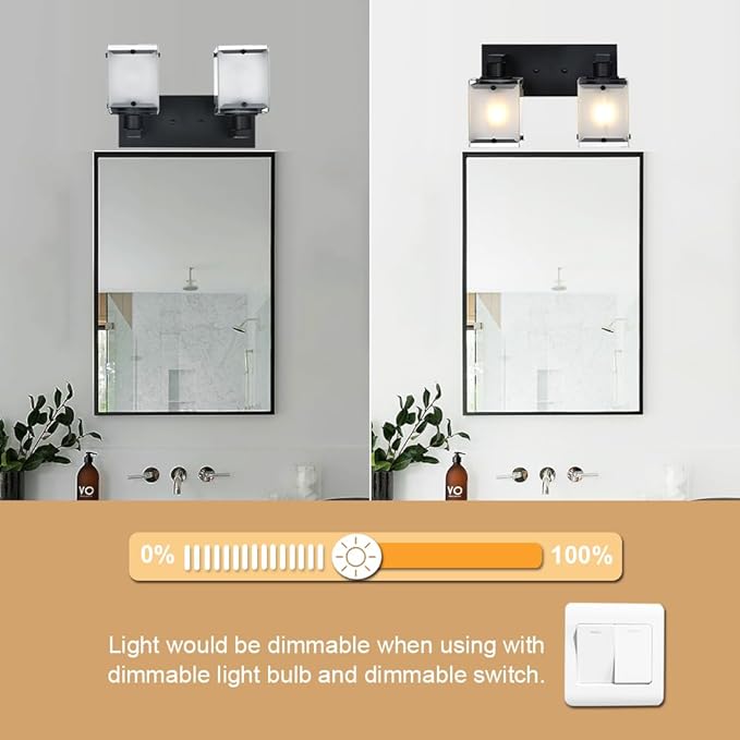 Black Wall Sconce Lighting, 2-Light Bathroom Vanity Light Fixture Wall Mount Lamp Over Mirror for Bedroom Bedside Studty Living Room, Rectangular Frosted Glass Shade