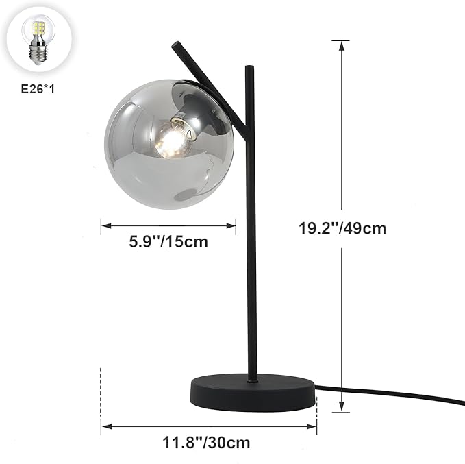 Black Table Lamp Vintage Metal Desk Lamp Modern Smoke Gray Glass Globe Nightstand Lamp Nordic Bedside Lamp for Living Room Bedroom Office